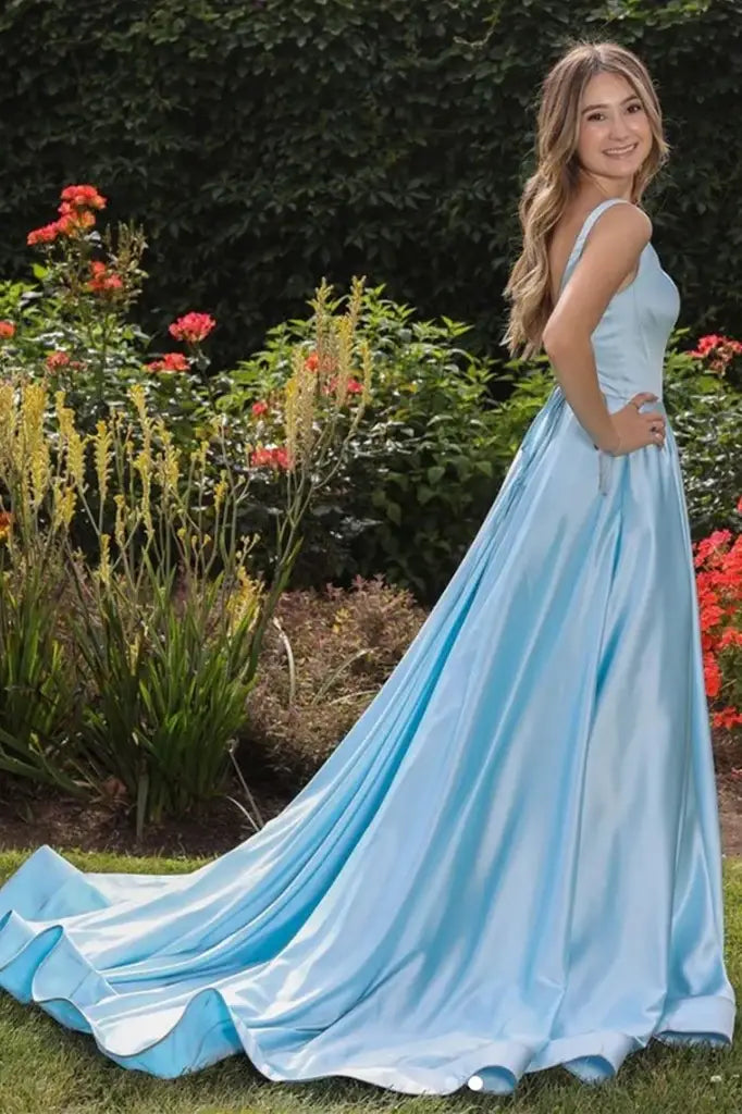 Blue Long A-Line SLeeveless Satin Prom Formal Dresses