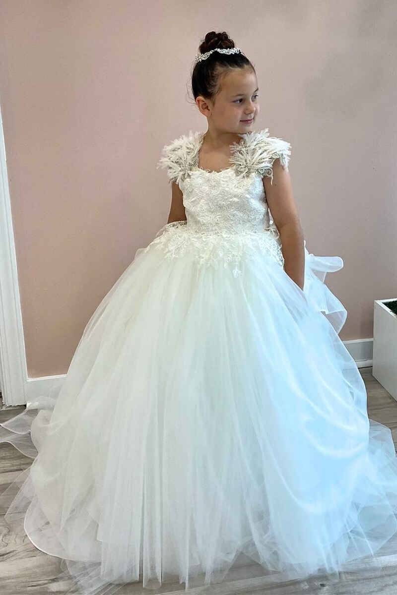 Ball Gown Tulle Long Flower Girl Dresses with Appliques