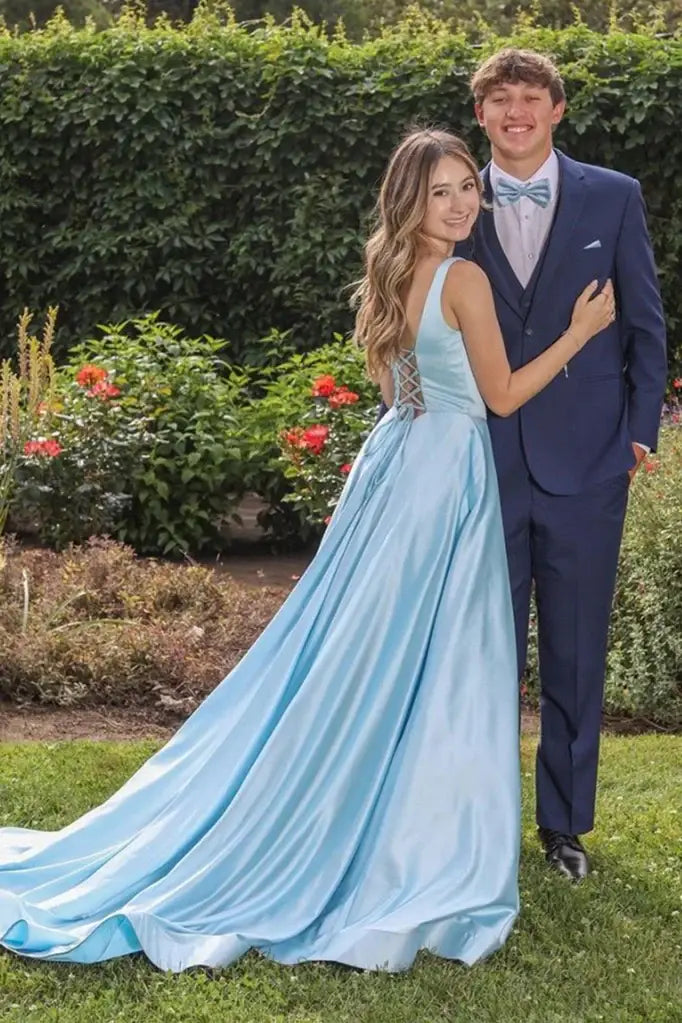 Blue Long A-Line SLeeveless Satin Prom Formal Dresses