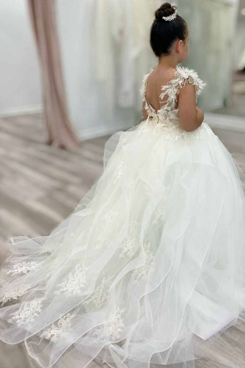 Ball Gown Tulle Long Flower Girl Dresses with Appliques