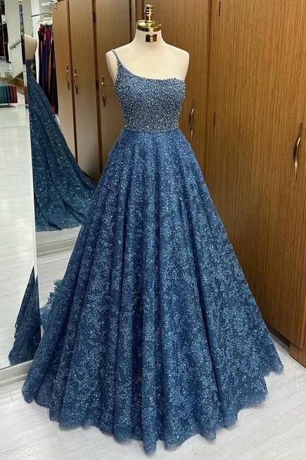 Gorgeous One-Shoulder Sleeveless Sweep Train Sequined A-Line Prom Dresses with Beads