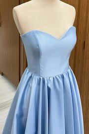 Elegant Strapless Sweetheart A-Line Satin Prom Dresses with Ruffles