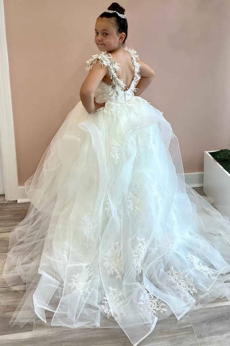 Ball Gown Tulle Long Flower Girl Dresses with Appliques