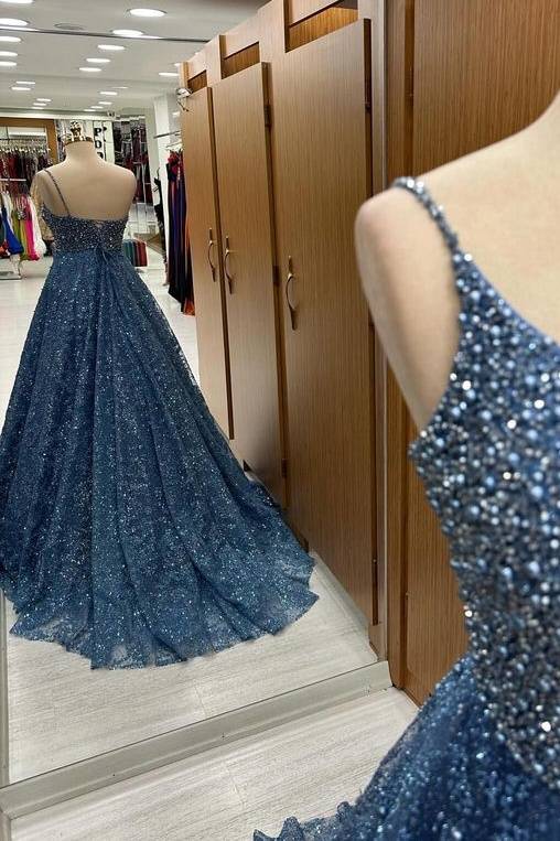 Gorgeous One-Shoulder Sleeveless Sweep Train Sequined A-Line Prom Dresses with Beads