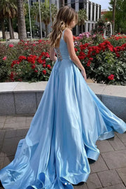 Blue Long A-Line SLeeveless Satin Prom Formal Dresses