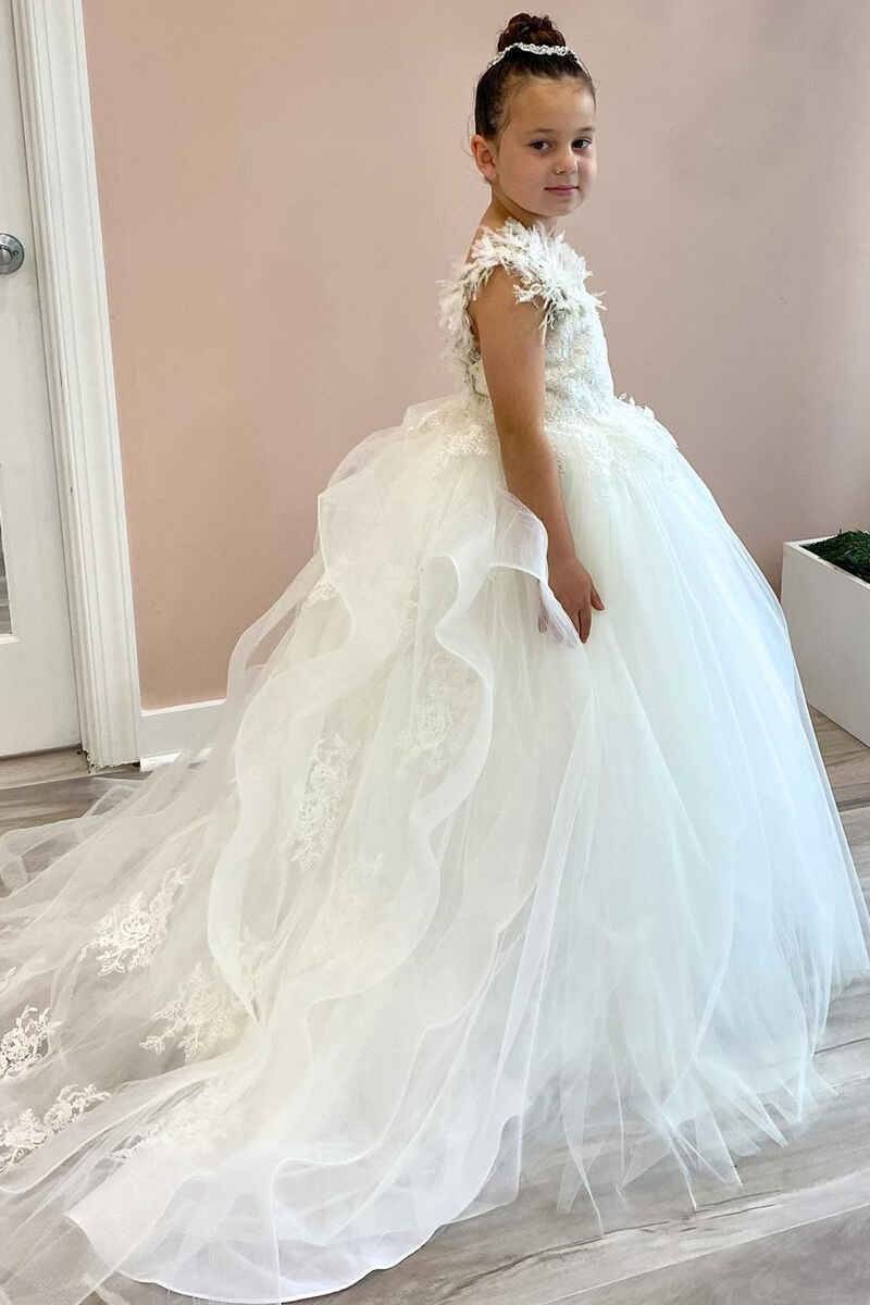 Ball Gown Tulle Long Flower Girl Dresses with Appliques