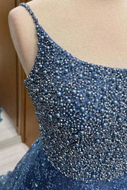 Gorgeous One-Shoulder Sleeveless Sweep Train Sequined A-Line Prom Dresses with Beads