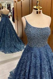 Gorgeous One-Shoulder Sleeveless Sweep Train Sequined A-Line Prom Dresses with Beads