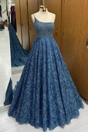 Gorgeous One-Shoulder Sleeveless Sweep Train Sequined A-Line Prom Dresses with Beads