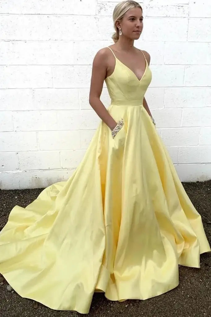 Daffodil V-Neck Long A-Line Satin Party Formal Dresses with Pockets