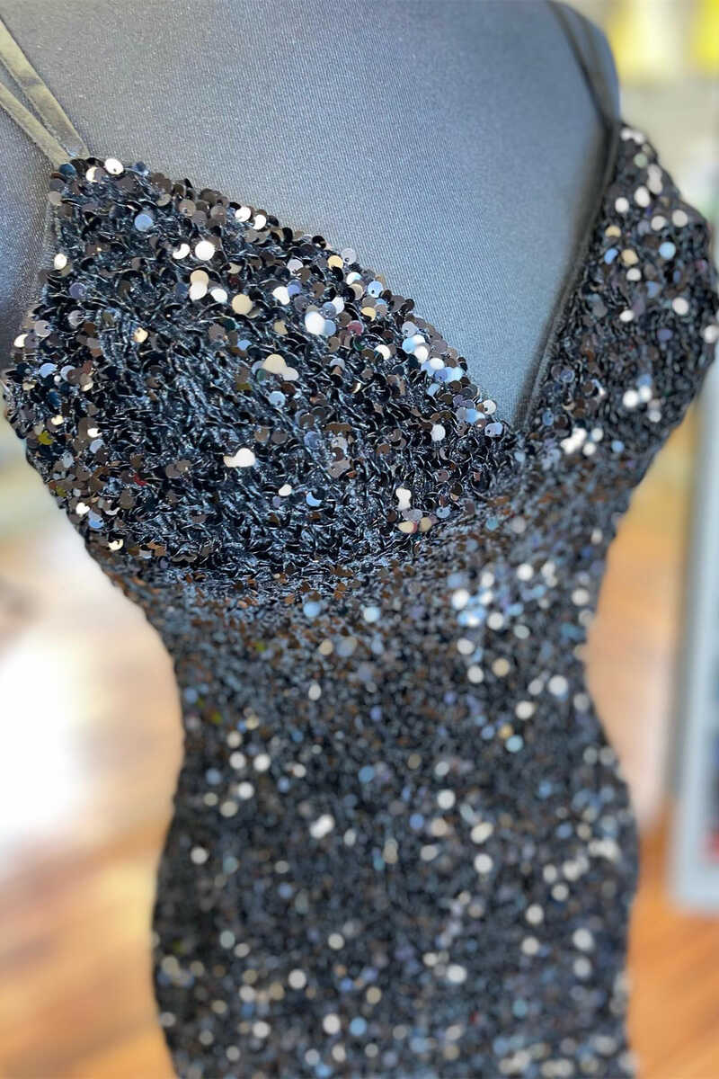 Black Criss Cross Straps V-Neck Sequined Sheath Homecoming Dresses