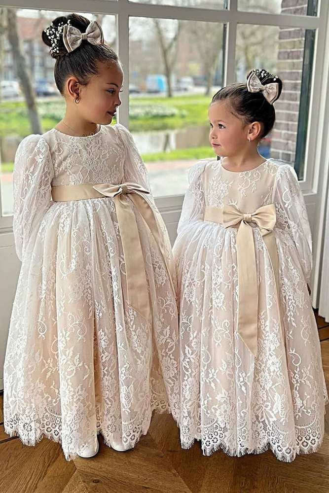 Ankle-Length A-Line Lace Long Sleeves Flower Girl Dresses with Sash