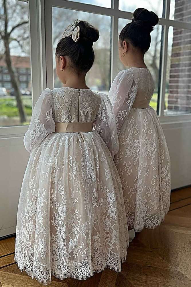 Ankle-Length A-Line Lace Long Sleeves Flower Girl Dresses with Sash