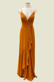 Turmeric V-Neck A-Line Spaghetti Straps Chiffon Long Bridesmaid Dresses