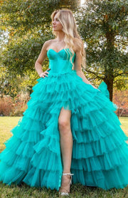 Jade Tiered Sweetheart Strapless A-Line Ruffles Prom Dresses with Slit