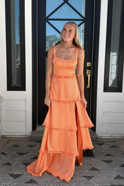 Orange Sweep Train Sleeveless A-Line Prom Dresses with Slit