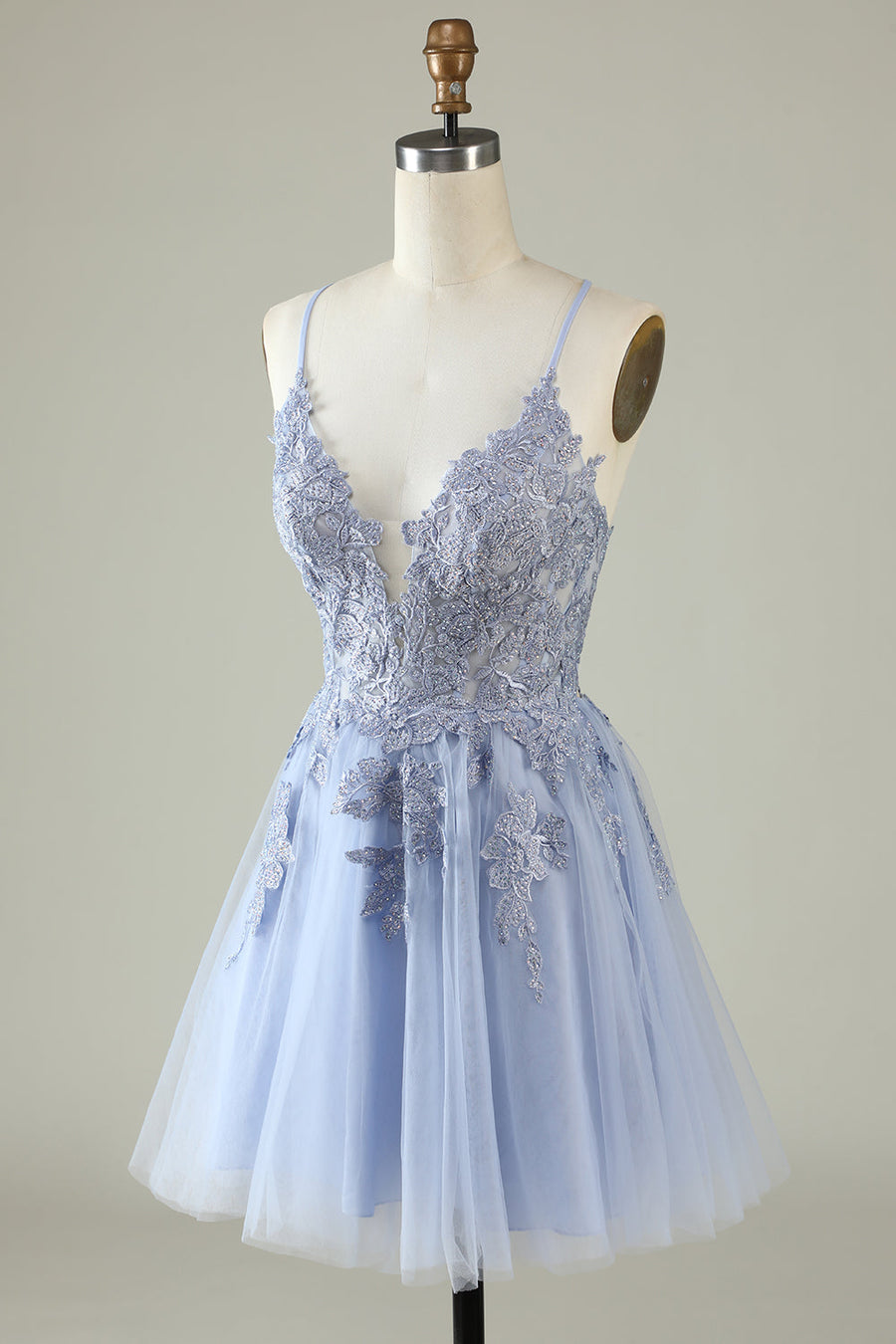 Light Blue Trendy Spaghetti Straps A-Line Cocktail Formal Dresses Lace Tulle with Appliques