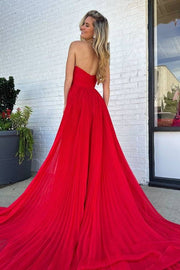 Red Strapless Sweetheart Tulle Split Front Prom Dresses