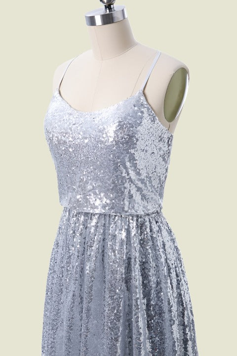 Silver Spaghetti Straps Long Sequined Bridesmaid Dresses