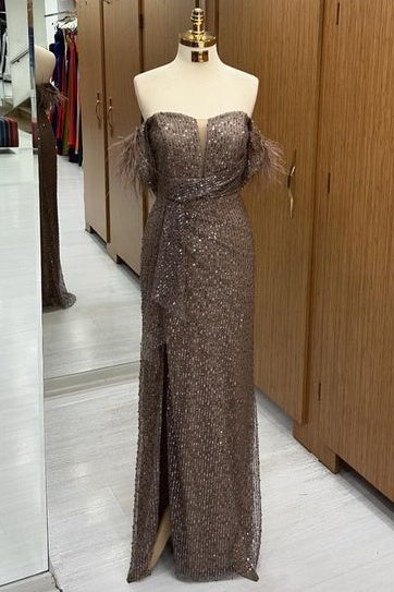 Fabulous Off-The-Shoulder Sequined V-Neck Floor-Length Prom Dresses with Slit