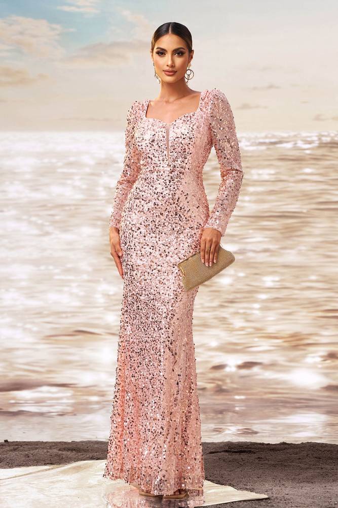 Pink Sequined Mermaid Long Sleeves Evening Prom Dresses