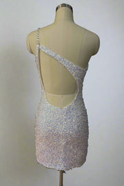 Iridescent Sequined One-Shoulder Sleeveless Tight Short Homecoming Dresses