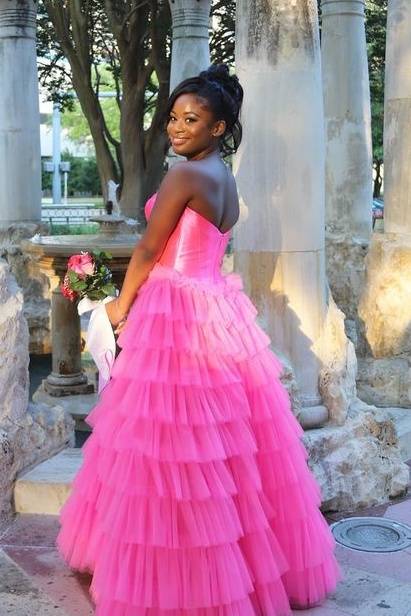 Pink Tiered Strapless A-Line Tulle Prom Dresses