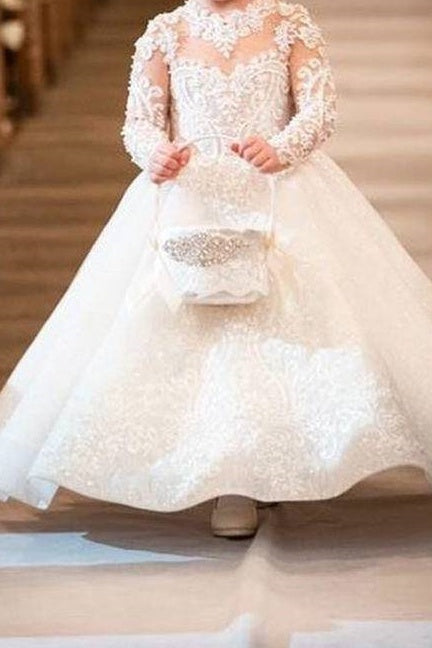 Sequined Lace Long Sleeves A-Line Long Flower Girl Dresses