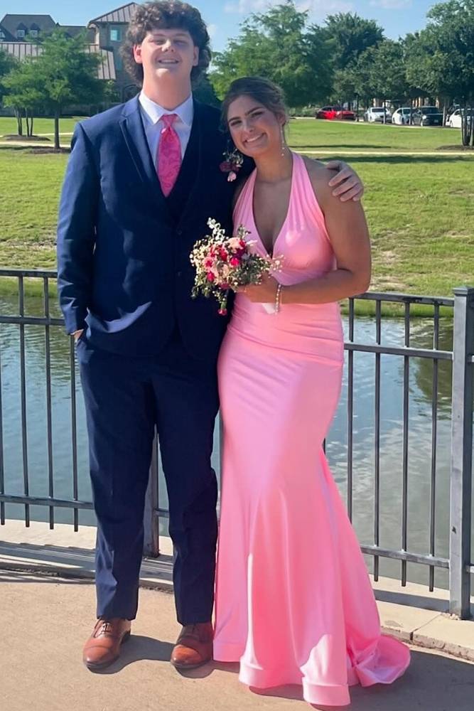 Pink V-Neck Satin Sleeveless Long Mermaid Prom Dresses