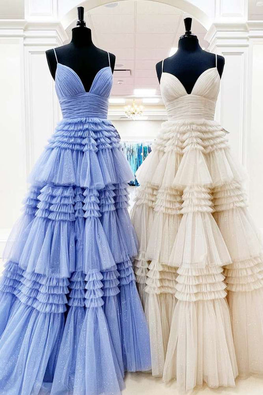 Spaghetti Straps A Line Sky Blue Tiered Ruffles Long Party Dress