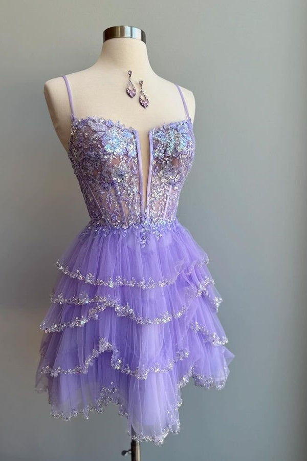 Purple Deep V-Neck Spaghetti Straps Sequined Tulle Homecoming Dress