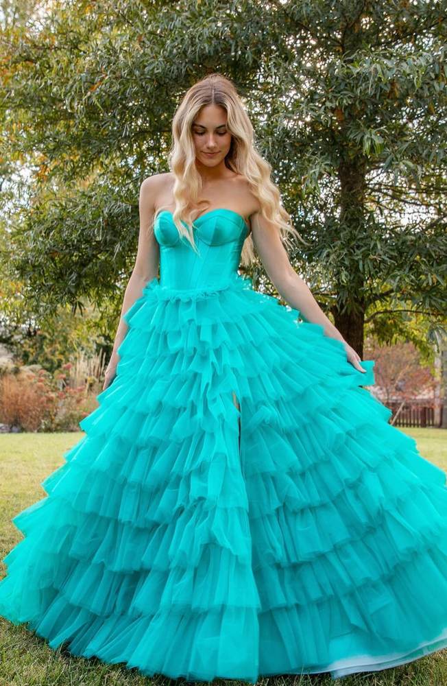 Jade Tiered Sweetheart Strapless A-Line Ruffles Prom Dresses with Slit