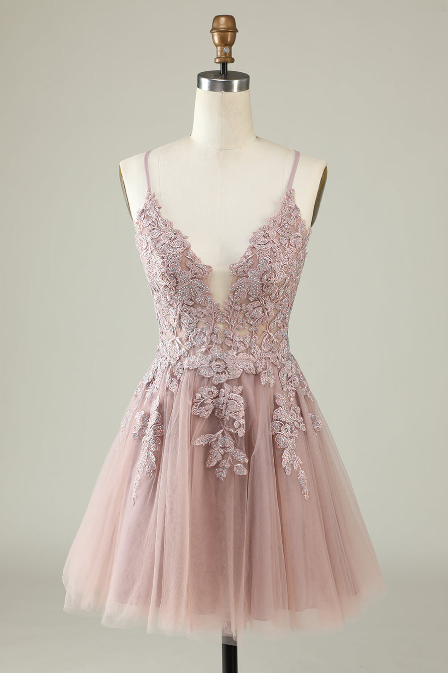 Dusty Rose Trendy Spaghetti Straps A-Line Cocktail Formal Dresses Lace Tulle with Appliques