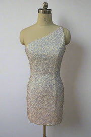 Iridescent Sequined One-Shoulder Sleeveless Tight Short Homecoming Dresses