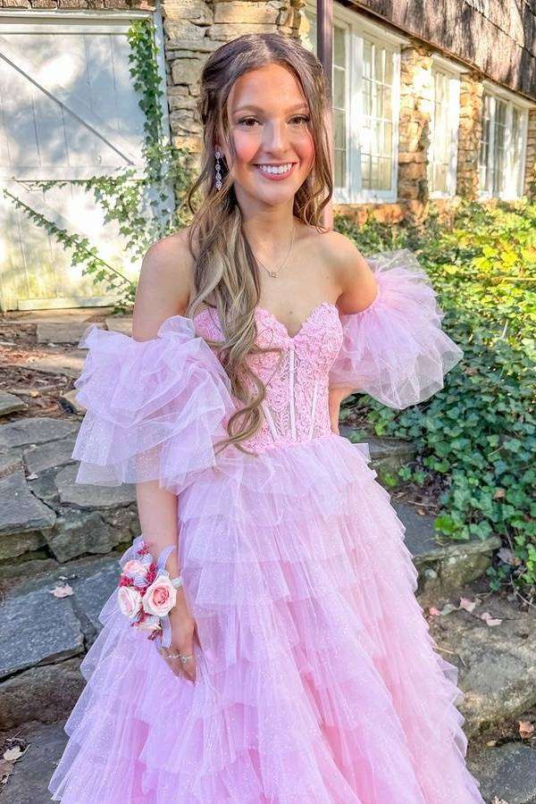 Blushing Pink Strapless Split Front Tulle Prom Dresses with Detachable Sleeves