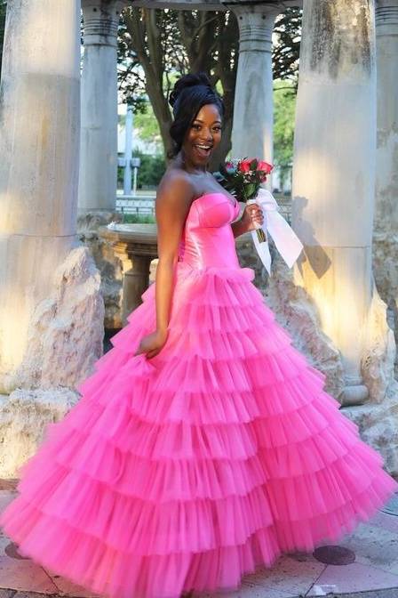 Pink Tiered Strapless A-Line Tulle Prom Dresses