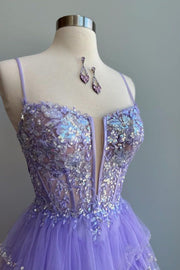 Purple Deep V-Neck Spaghetti Straps Sequined Tulle Homecoming Dress