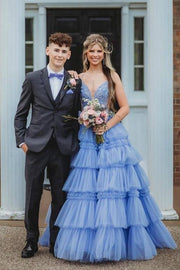 Lavender Tiered V-Neck Sleeveless Ball Gown Tulle Prom Dresses