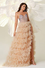 A-Line V-Neck Strapless Tulle Sequin Evening Dresses with Slit