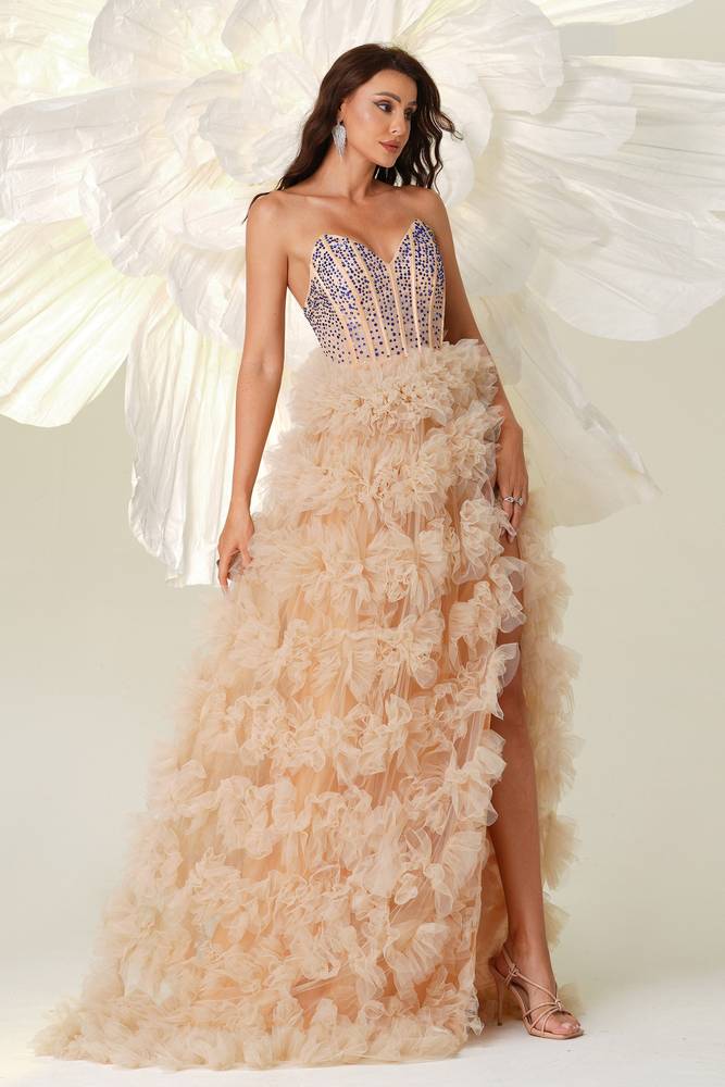 A-Line V-Neck Strapless Tulle Sequin Evening Dresses with Slit