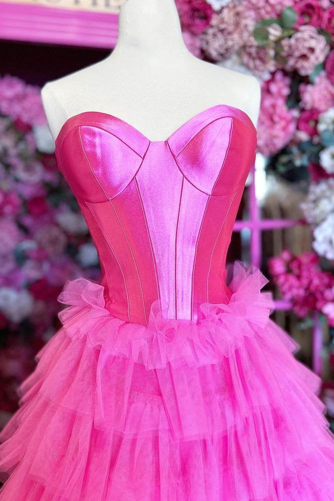 Fuchsia Tiered Sweetheart Strapless A-Line Ruffles Prom Dresses with Slit