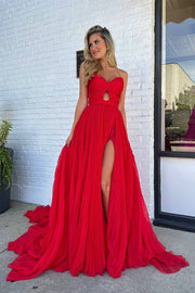 Red Strapless Sweetheart Tulle Split Front Prom Dresses