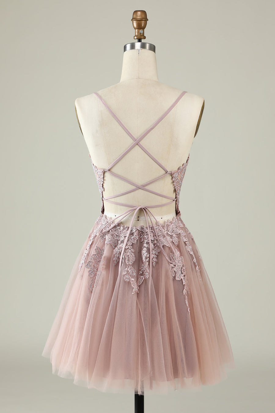 Dusty Rose Trendy Spaghetti Straps A-Line Cocktail Formal Dresses Lace Tulle with Appliques