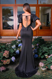 Black V-Neck Short Sleeves Mermaid Satin Evening Dresses with Slit