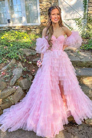 Blushing Pink Strapless Split Front Tulle Prom Dresses with Detachable Sleeves