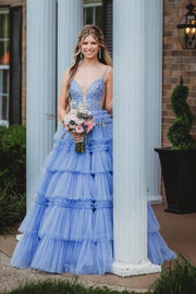 Lavender Tiered V-Neck Sleeveless Ball Gown Tulle Prom Dresses