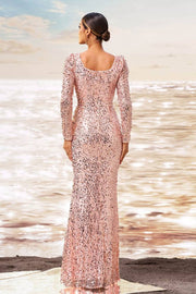 Pink Sequined Mermaid Long Sleeves Evening Prom Dresses