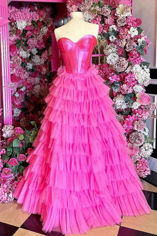 Fuchsia Tiered Sweetheart Strapless A-Line Ruffles Prom Dresses with Slit