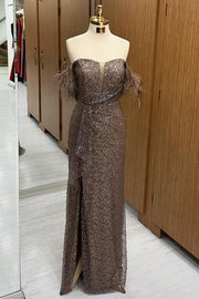 Fabulous Off-The-Shoulder Sequined V-Neck Floor-Length Prom Dresses with Slit