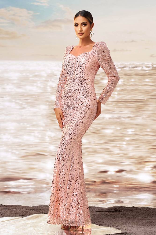 Pink Sequined Mermaid Long Sleeves Evening Prom Dresses